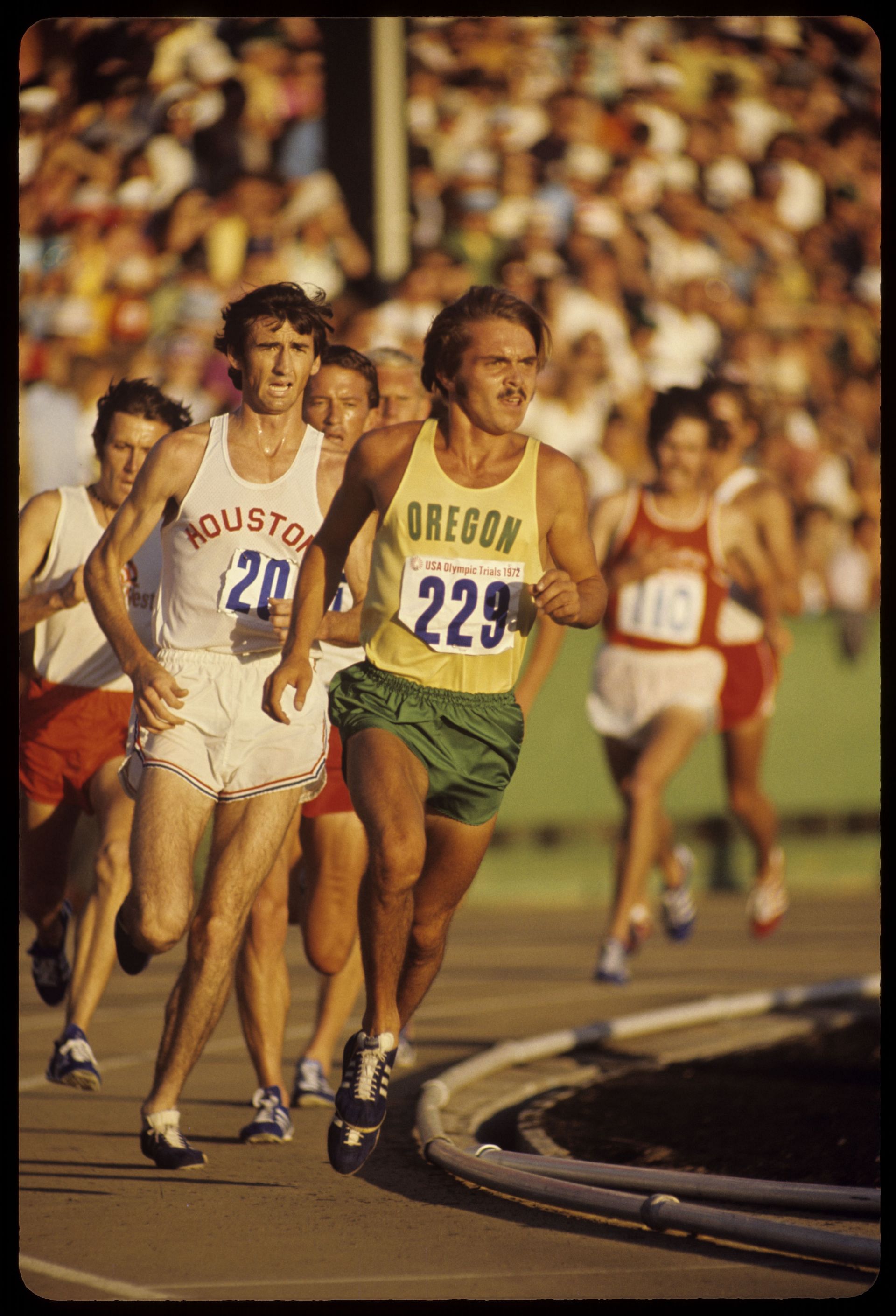 Steve Prefontaine in action running in the 5000-meter race during the US Olympic trials in Eugene - Source: Getty